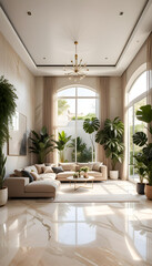 A large modern living room with lots of plants and a sofa and lots of sunlight. beige marble floor