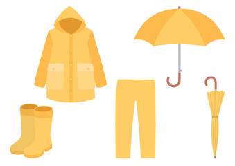 黄色い雨具や傘のイラストのセット

