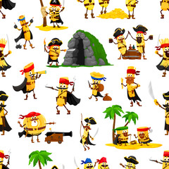 Fototapeta premium Cartoon Italian pasta as pirate corsair characters in seamless pattern, vector background. Funny penne in Caribbean pirate captain hat, spaghetti corsair and tagliatelle filibuster with gun and sword