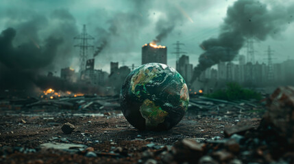 A gloomy representation of planet Earth in the foreground, set against a backdrop of urban destruction and dark smoke. - obrazy, fototapety, plakaty