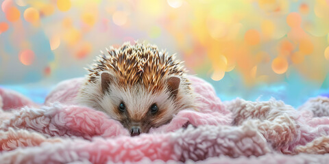 A cute and curious little hedgehog poking its nose out of a cozy blanket,