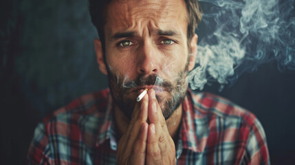 A close-up portrait of a pensive man exhaling smoke while holding a lit cigarette in a dimly lit setting. - obrazy, fototapety, plakaty