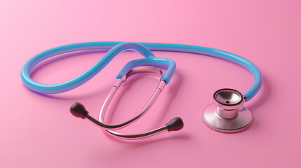 A contemporary blue stethoscope resting on a bright pink background, symbolizing health, diagnostics, and modern medicine.