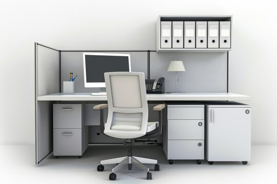 3D Render of modern office cubicle with computer, chair, and filing cabinets, on isolated white background, Generative AI