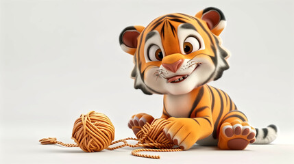a 3D illustration plastic cartoon-style of cute little tiger pla
