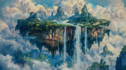 Painting of an island floating in the air with waterfalls cascading down. - obrazy, fototapety, plakaty