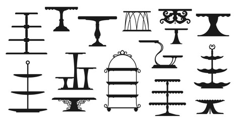 Tea cake platter or stand tray silhouettes of dessert plates and table tiers, vector icons. Restaurant food serving platters and wedding cake stands, bakery pies podium dish and pastry sweets trays - 761981383