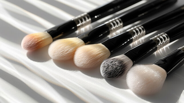 Sleek Makeup Brushes Cast Shadows On Striped White Surface