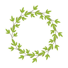 Vector wreath of leaves. Decorative frame. Template for a postcard. Green circle of leaves and branches. Frame for the inscription.