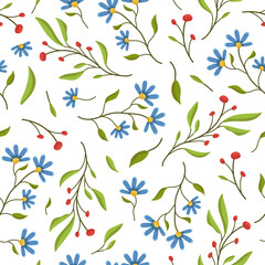 Seamless vector illustration of different spring flowers and leaves. Colored spring wallpaper on a white background.