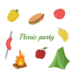 Vector illustration of picnic food and drinks. Colorful card for a barbecue party. Family weekend items. BBQ elements. Image of vegetables, fruits, picnic items with camping elements.