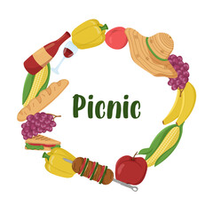 Vector illustration of picnic food and drinks arranged in a circle. Barbecue colored card. A set of things for a family day out in the forest or park.