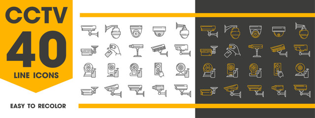 CCTV camera line icons of security surveillance and safety video control, vector pictograms. CCTV street cams and video monitoring systems for online secure watching and surveillance technology - obrazy, fototapety, plakaty