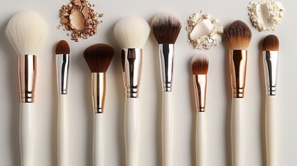 Luxurious Makeup Brushes Arrayed Beside Broken Cosmetic Powders