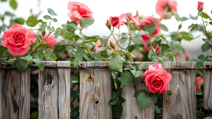 Zelfklevend Fotobehang Hybrid tea roses with pink petals twining on a wooden fence © Nadtochiy