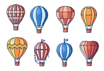 8 bit pixel hot air balloons, arcade game asset. Isolated vector set of aircraft transport in vintage pixelated style. Nostalgic videogame graphics, colorful retro airships or aerostats with baskets