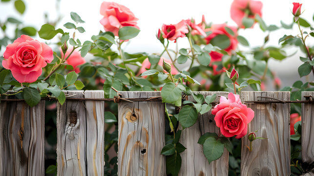 Hybrid tea roses with pink petals twining on a wooden fence