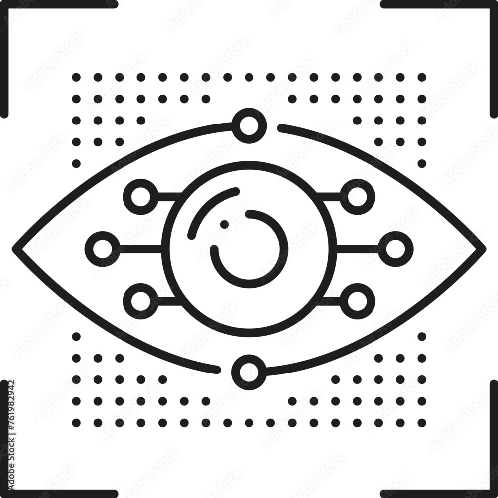Poster Machine vision and learning, AI artificial intelligence algorithm icon. AI data analysis, technology future innovation, machine learning science thin line vector pictogram with artificial eyeball