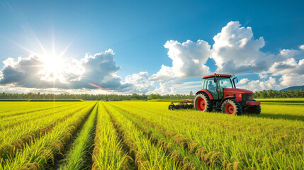 Obraz premium tractor in landscape rice field agriculture