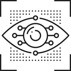 Obraz premium Machine vision and learning, AI artificial intelligence algorithm icon. AI data analysis, technology future innovation, machine learning science thin line vector pictogram with artificial eyeball