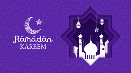 Ramadan kareem eid mubarak paper cut holiday greetings. Vector muslim religious banner with mosque inside of star-shaped frame and crescent symbolizing sacred season, wishing happiness and prosperity