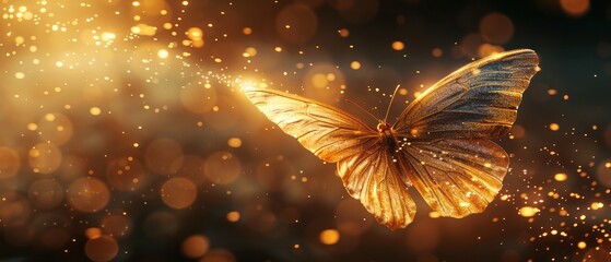 a golden butterfly with sparkling wings on a black background with gold dust and bubbles in the foreground .Generative AI