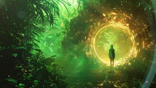 enchanted rainforest encounter interdimensional. seamless looping overlay 4k virtual video animation background