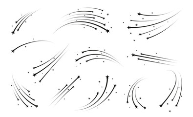 Shooting space stars with trails or Christmas starburst of falling comets with tails, vector icons. shooting stars trails of holiday fireworks or celebration star sparks and birthday party sparklers - obrazy, fototapety, plakaty