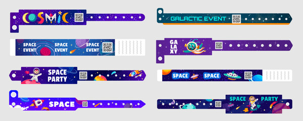 Space party paper bracelets with characters. Holiday hand wristband mockup for cosmic-themed celebrations. Vector set of celestial bands with aliens, rockets and astronauts, ufo, planets and stars