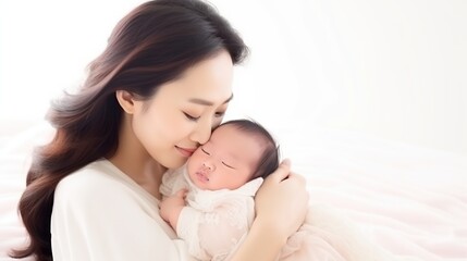 Fototapeta na wymiar an Asian mother holding her newborn baby on a white background