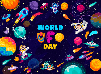 World ufo day, cartoon flying saucer and alien characters in outer space. Vector celebration banner with kid astronaut riding rocket and extraterrestrial personages, explore unknown wonders in galaxy