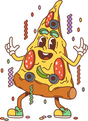 Retro cartoon groovy pizza character celebrate party and dance under the falling confetti. Isolated vector vibrant fast food slice personage with wide, cheesy grin, exudes a cool, laid-back 70s vibe