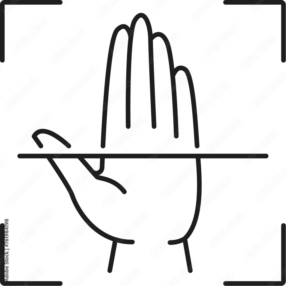 Poster Palm recognition biometric identification and verification icon. ID biometric verification, security access or identity recognition digital technology linear vector icon with human palm scanning