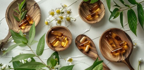 A wooden spoon with three golden color fish oil softgels