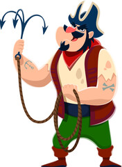 Cartoon pirate sailor character with grappling hook. Isolated vector swashbuckling, adventurous buccaneer in vest, eye patch and tricorn, bearded corsair ready for robbery and boarding ships in sea - 761984332