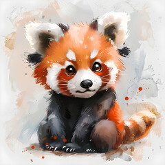 A cute baby red panda cartoon painted in watercolor style, ideal for use in nursery decor or children's artwork.
