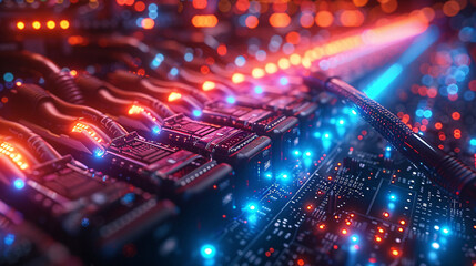 Obraz premium Optical fiber cable connected to data center port, internet equipment, technology and networking background concept illustration