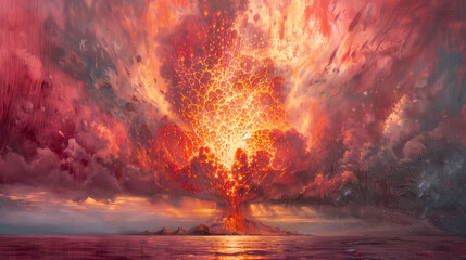 Paint landscape with a mystical volcano. Beautiful painting.