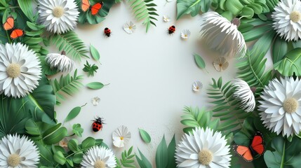 A creative flat lay of green leaves and white flowers, embellished with whimsical 3D dandelions and...