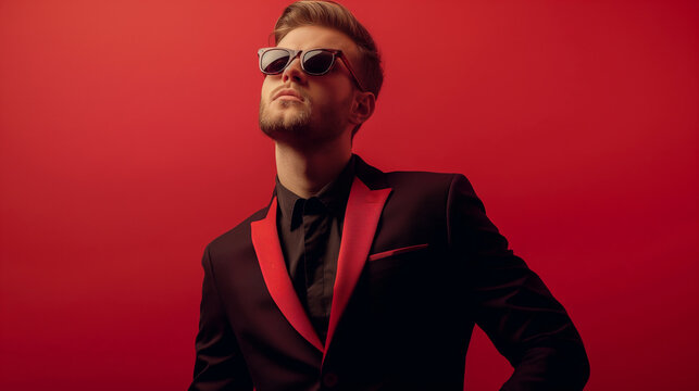 Elegant young handsome man in suit and sunglasses. Studio fashion portrait.on red color background professional photography