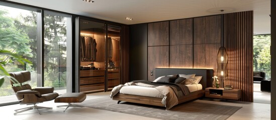 Modern bedroom with spacious wooden wardrobe and armchair