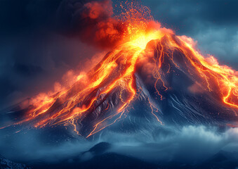 erupting volcano. emission of ash, lava. - obrazy, fototapety, plakaty