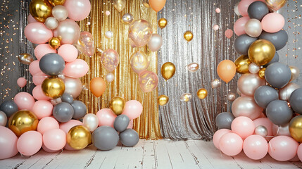 Party background with golden and pink decoration and balloons 