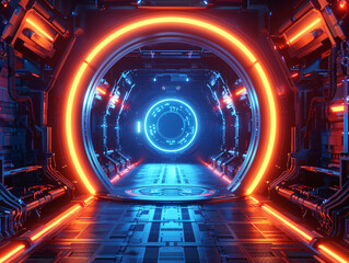 3D rendering of sci-fi extended background, corridor tunnel of space station ship