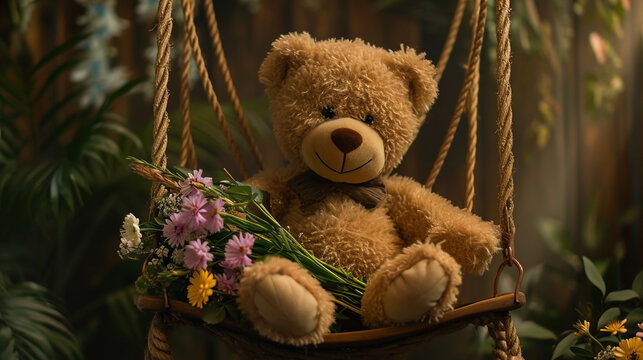 teddy bear in the garden with bouquet of flowers