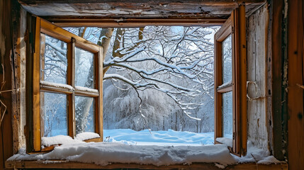 snow covered window with snowy view