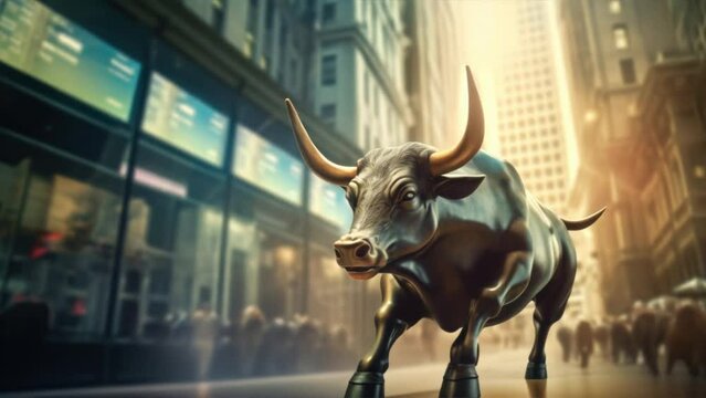 Bull and the stock market,Investment finance chart, stock market arrow with one blurry Bull walking,