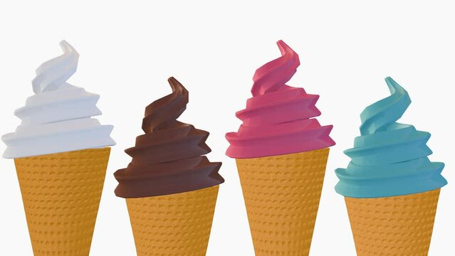 3d animation of vanilla, strawberry, blueberry and chocolate flavored ice creams on the white background