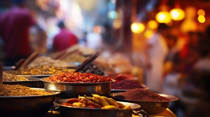 street food dishes and spices in indian markets - obrazy, fototapety, plakaty