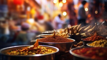street food dishes and spices in indian markets